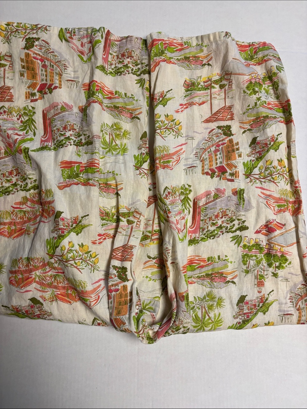 Cynthia Rowley Cream Wide-Leg Pants with Pink & Green Scenic Print- 100% Linen - Picture 3 of 4